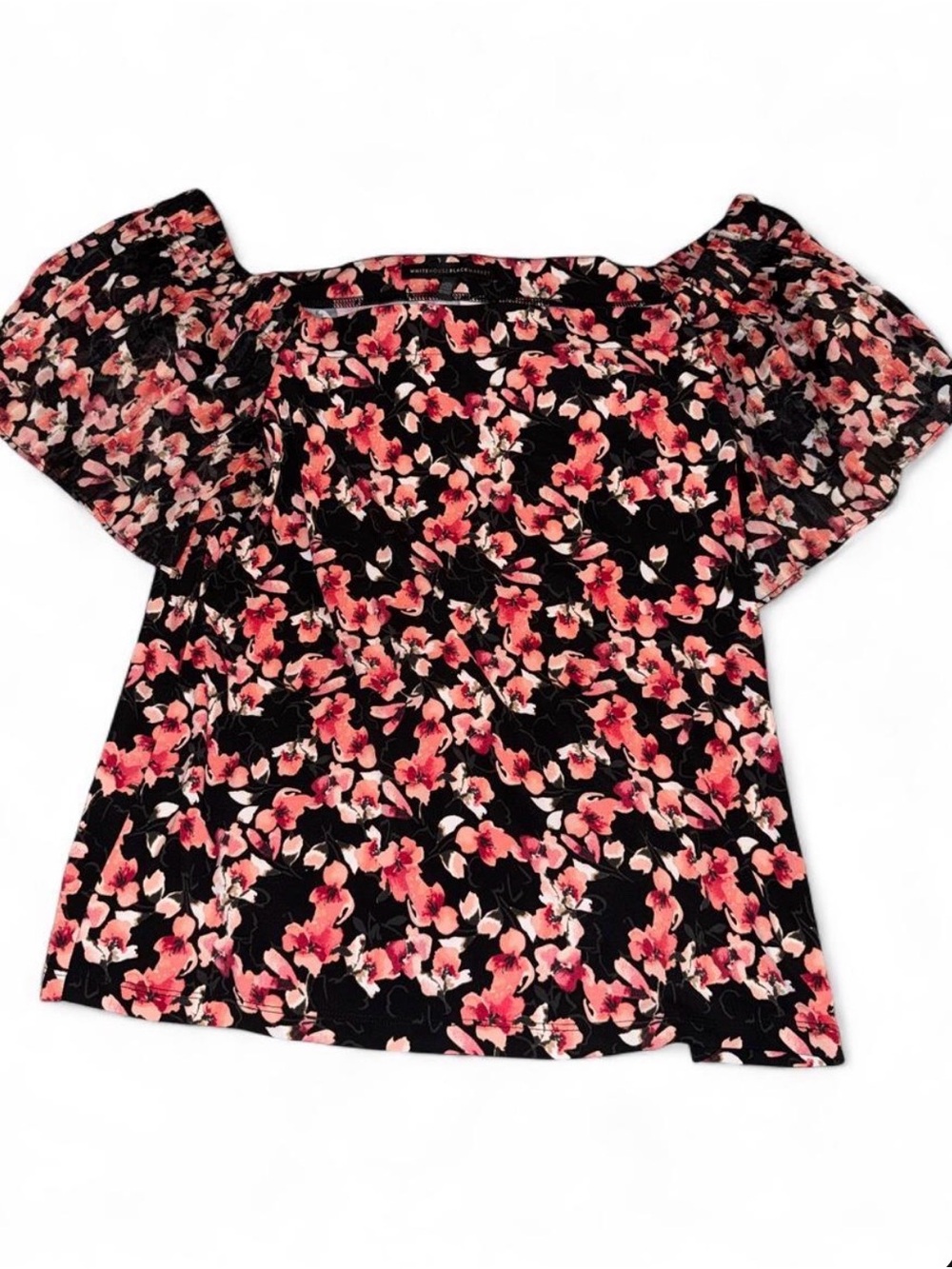 White House Black Market Black Floral Square-Neck Blouse